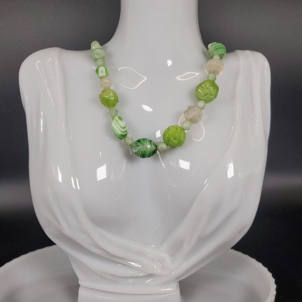 Vintage Green Plastic Beaded Necklace Mixed Beads Mid Century Style 19”